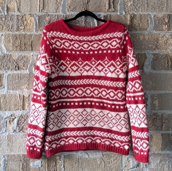 Vintage 90s Eddie Bauer Lambswool Angora Red White Wide Neck Sweater Small - Picture 7 of 7